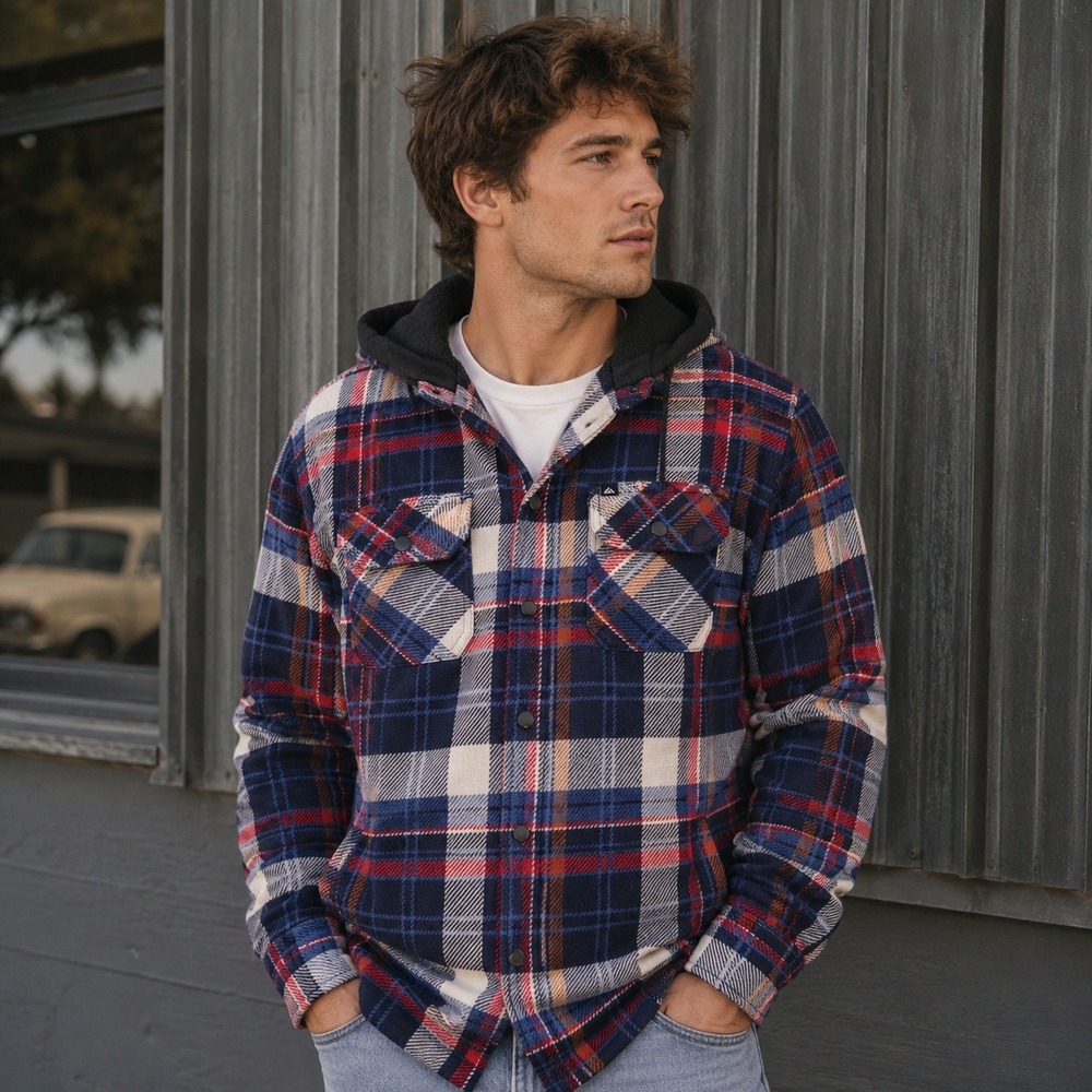 Quiksilver Shirt Jacket Mens S Blue‎ Red Plaid Hooded Fleece Sherpa Lined